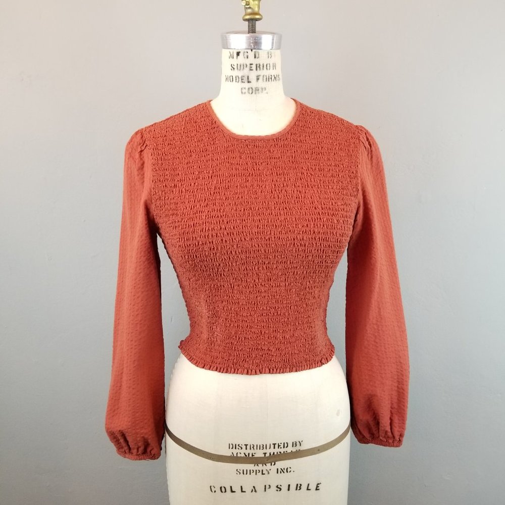 Urban Outfitters Deep Rust Orange Smocked Puff Sleeve Blouse Women's Size Small